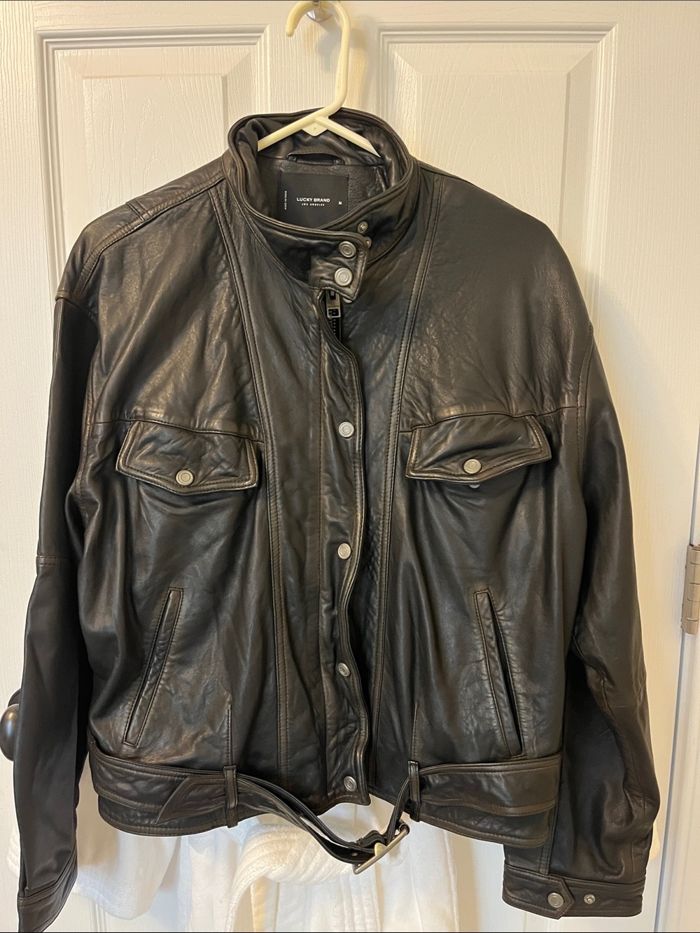 Lucky Brand Black Leather Bomber Jacket with Front Flap Pockets